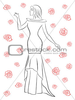 Stylish woman in a long dress among roses