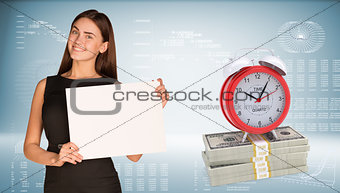 Businesswoman hold paper sheet. Alarm clock stand on dollar packs