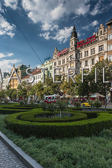 View of Wenceslas Square, Prague, Bohemia, Czech Republic.