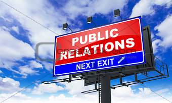 Public Relations Inscription on Red Billboard.