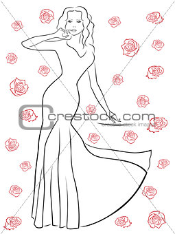 Nice woman in a long dress among roses