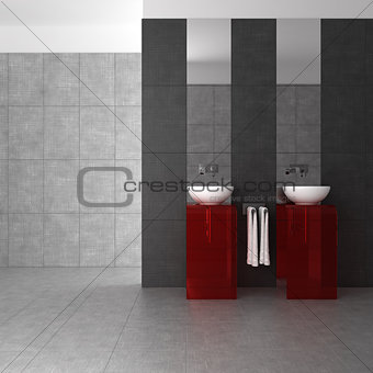 tiled bathroom with double basin and glass furniture