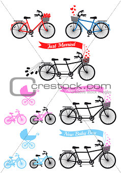 Baby shower with tandem bicycle, vector set