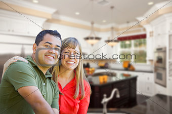 Mixed Race Couple Inside Beautiful Custom Kitchen