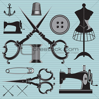 set of items and equipment to topics tailor, clothing, repair