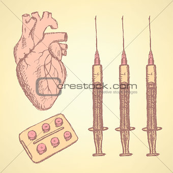 Sketch syringe, pills, human heart, background