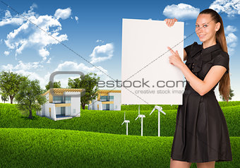 Businesswoman holding empty paper. House and nature landscape