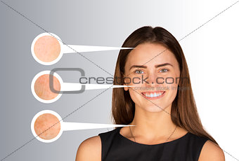 Beautiful young woman. Callouts with zoom portions of skin