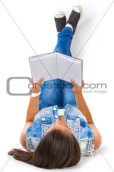 teenager girl reading book isolated over white background