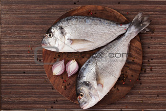 Two fresh sea bream on chopping board, top view.