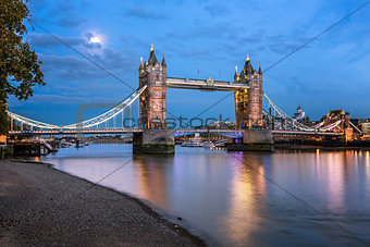 Tower Bridge and Thames River Lit by Moonlight at the Evening, L
