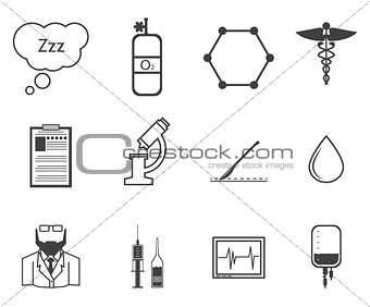 Black vector icons for anesthesiology