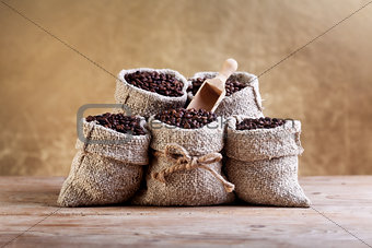 Coffee beans in burlap bags
