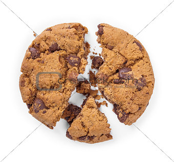 Cracked chocolate chip cookie isolated on white background