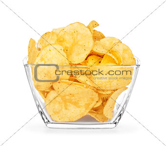 potato chips in a glass bowl on an isolated white background