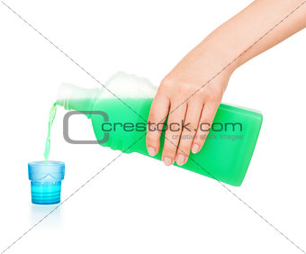 pours hand cleanser on an isolated white background