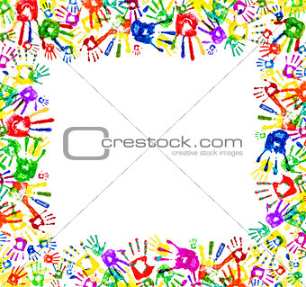 square frame from prints of hands for your text, isolated on whi