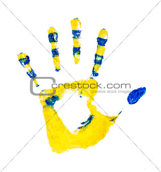 yellow striped handprint with fingers isolated on white backgrou