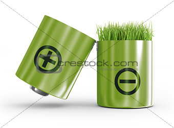 ecology concept a net energy. A battery and a grass on a white b