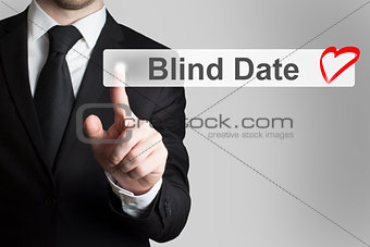 businessman pushing flat touchscreen button blind date
