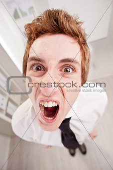 angry clerk in wide angle shouting