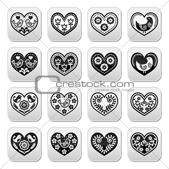 Folk hearts with flowers and birds buttons set