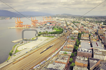 Aerial view of the port, railway station and east city part of Vancouver.