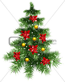 Fluffy green Christmas tree with ornaments