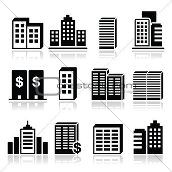 Office buildings, business center icons set