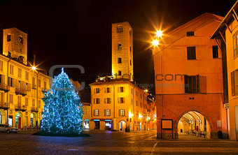 Christmas tree on city square in Alba, Italy.