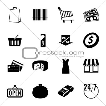 Market black and white flat icons set