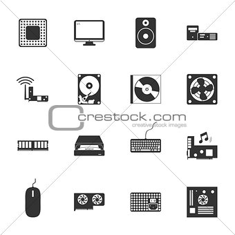 Computer peripherals and parts black and white flat icons set