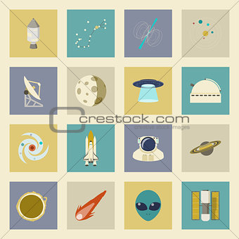 Astronautics and Space flat icons set