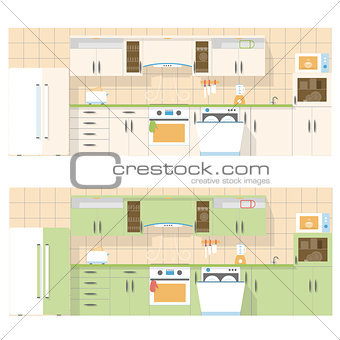 Kitchen overlooking the front, in a flat layout design, two color set