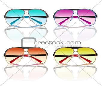 collection of colorful sunglasses isolated on white background