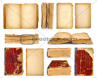 collection of vintage books and old pages on isolated white
