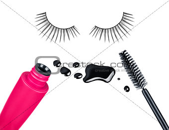 makeup accessories, tube and a brush of mascara and false eyelas