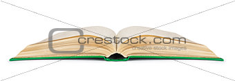 Opened vintage book in green cover on a white background
