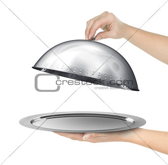 Restaurant cloche with open lid. 3d illustration