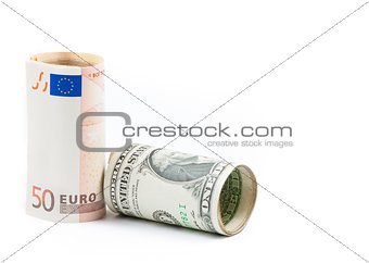 rolled up euro and rolled up dollars banknote on white background, concept for business and save money