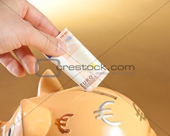 hand inserting a fifty euro banknote into a piggy bank, concept for business and save money