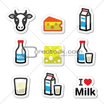Dairy products - milk, cheese vector icons set