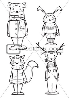 Hand drawn  animals in clothes, isolated 