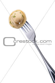 Cooked ravioli dumplings with fennel on fork