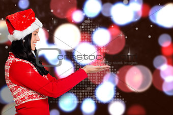 Composite image of woman holding out her hands