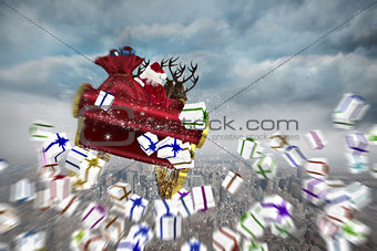 Composite image of white christmas presents with ribbon