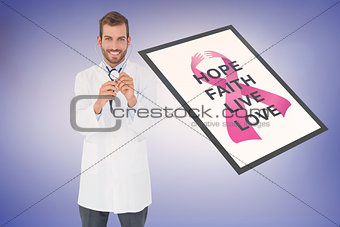 Composite image of handsome doctor listening with stethoscope