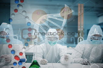 Composite image of scientists working in the lab with futuristic interface