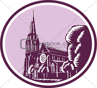 Christchurch Cathedral Woodcut Retro
