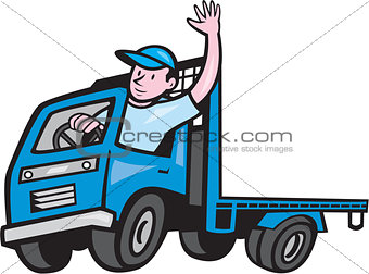 Flatbed Truck Driver Waving Cartoon